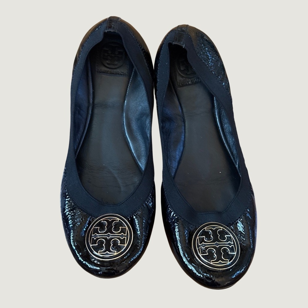 Tory Burch Reva Ballet Flats Women Black Patent Leather Logo SIZE 10M